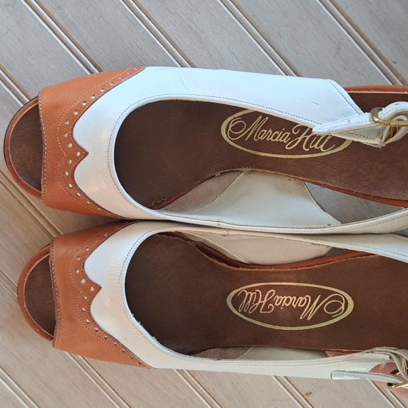 Marcia Hill Vintage Retro 60s 70s Two Tone Open Toe Sling Back Short Heels - Picture 8 of 8